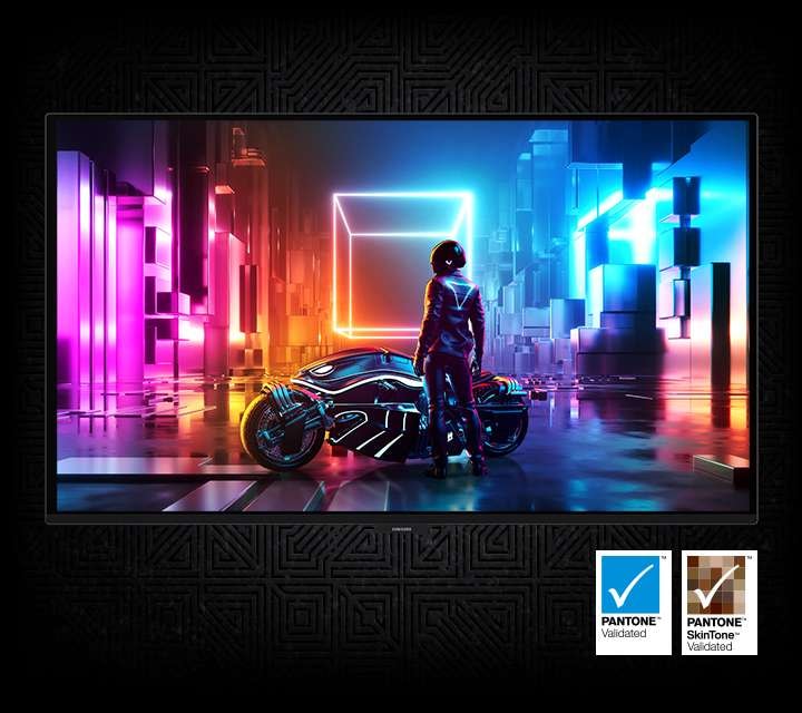 화려한 사이버 펑크 배경에 바이크와 사람이 서 있습니다. 우측 하단에 팬톤 인증 아이콘이 있습니다.