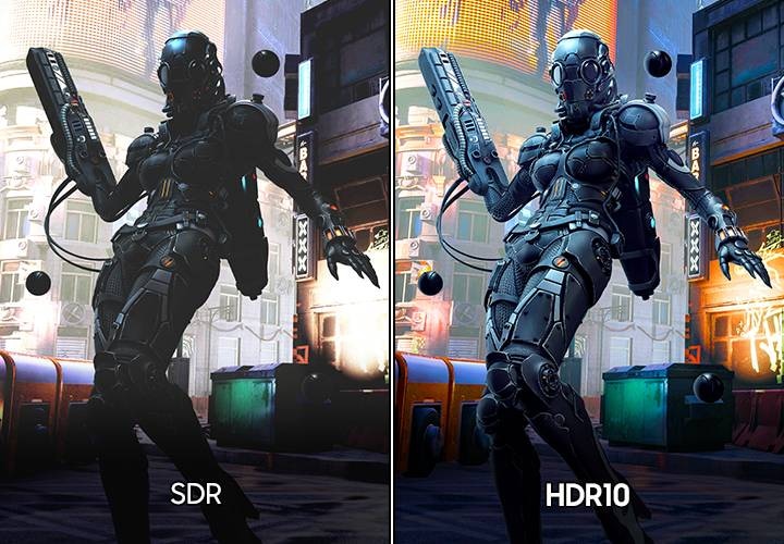 SDR 버전의 화면과 HDR10 버전의 화면을 비교하여 보여줍니다.