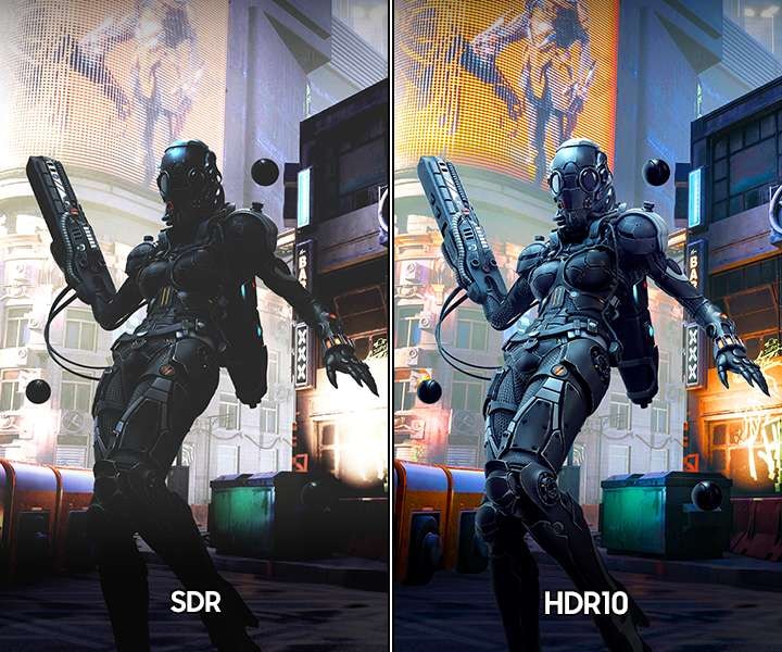 SDR 버전의 화면과 HDR10 버전의 화면을 비교하여 보여줍니다.