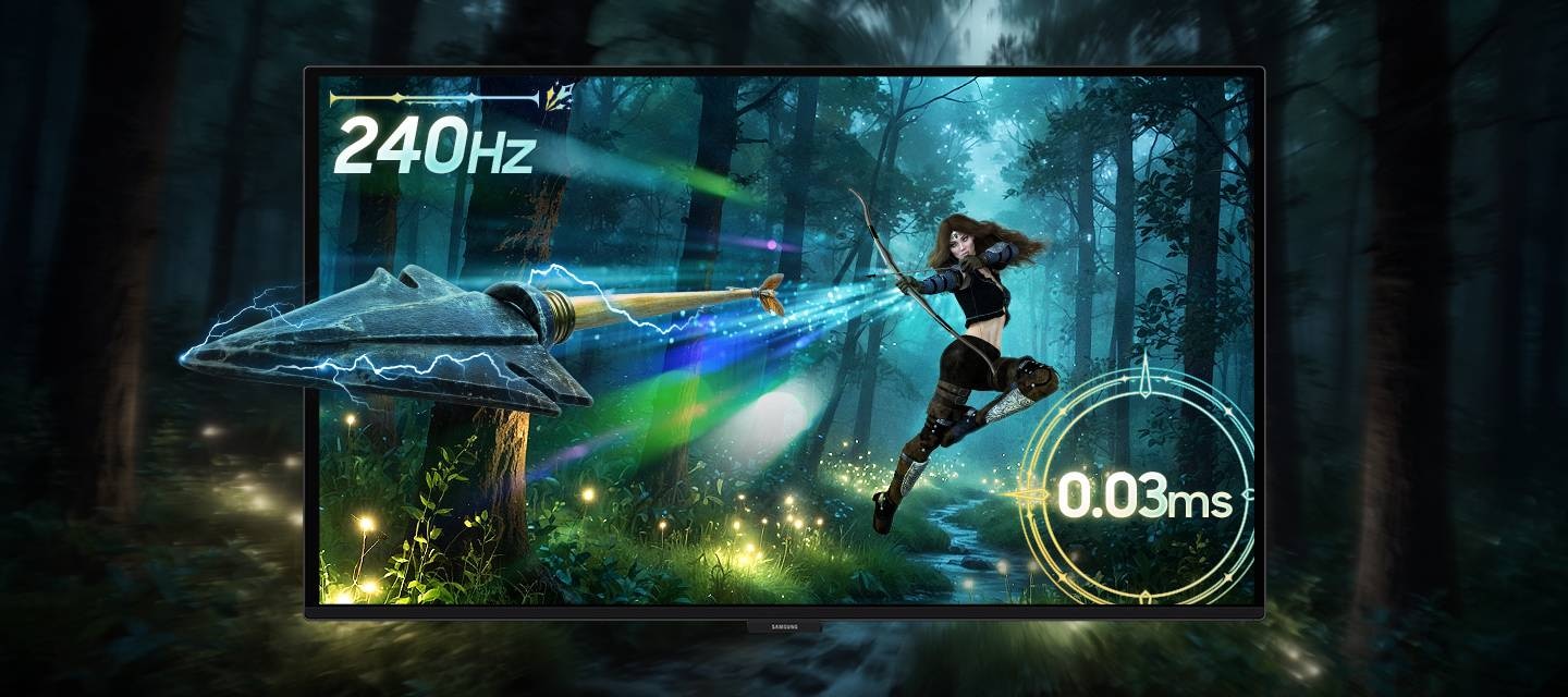 게임 속 화살이 날아가는 모습을 보여주며 좌측 상단엔 240Hz, 우측 하단엔 0.03ms 라고 쓰여 있습니다.