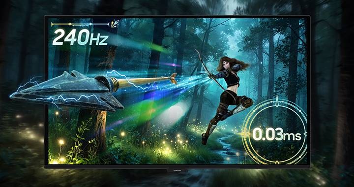 게임 속 화살이 날아가는 모습을 보여주며 좌측 상단엔 240Hz, 우측 하단엔 0.03ms 라고 쓰여 있습니다.