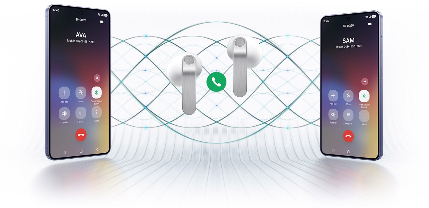 2대의 갤럭시 스마트폰이 양쪽에 놓여 있고 가운데에 화이트 컬러의 갤럭시 버즈4 한 쌍이 있습니다. 이어버드 사이에는 통화 아이콘이 있습니다. 왼쪽 스마트폰은 Ava라는 이름이 있는 통화 화면, 오른쪽 스마트폰은 Sam이라는 이름이 있는 통화 화면을 표시하고 있습니다. 배경에는 갤럭시 버즈4의 슈퍼 클리어 콜 기능을 강조하는 여러 개의 물결 무늬가 있습니다.