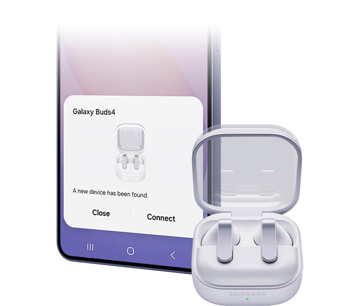 화면에 이지 페어링 팝업창이 표시된 갤럭시 스마트폰입니다. 갤럭시 버즈4에 연결하는 방법이 얼마나 간단한지 강조합니다. 갤럭시 스마트폰 오른쪽에는 뚜껑이 열린 충전 케이스에 수납된 갤럭시 버즈4가 있습니다.
