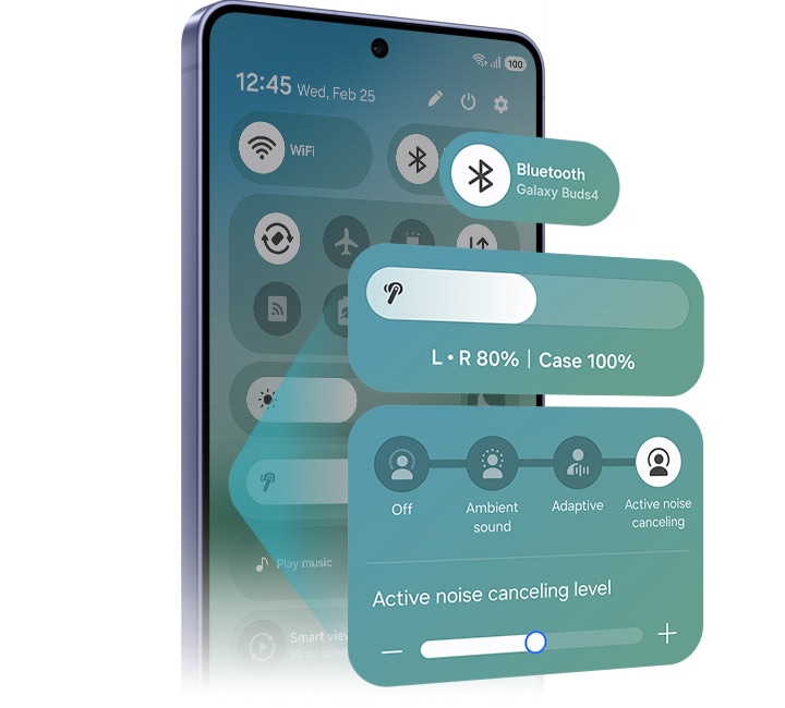 갤럭시 스마트폰의 퀵 패널이 열려 있고, 새로운 One UI 8.5를 강조하고 있습니다. 블루투스, 볼륨, 노이즈 캔슬링 기능이 강조 표시되어 있습니다.
