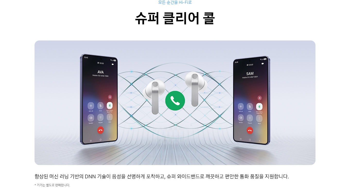 2대의 갤럭시 스마트폰이 양쪽에 놓여 있고 가운데에 화이트 컬러의 갤럭시 버즈4 프로 한 쌍이 있습니다. 이어버드 사이에는 통화 아이콘이 있습니다. 왼쪽 스마트폰은 Ava라는 이름이 있는 통화 화면, 오른쪽 스마트폰은 Sam이라는 이름이 있는 통화 화면을 표시하고 있습니다. 배경에는 갤럭시 버즈4 프로의 슈퍼 클리어 콜 기능을 강조하는 여러 개의 물결 무늬가 있습니다.