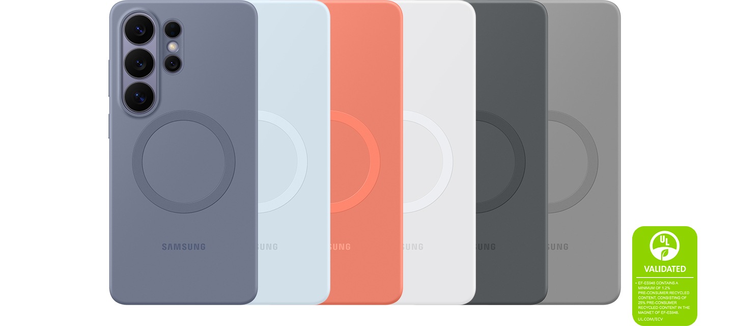 여섯 대의 갤럭시 S26 울트라 기기가 블루 바이올렛, 라이트 블루, 코랄 레드, 화이트, 블랙, 그레이 색상의 실리콘 마그넷 케이스를 장착하고 나열되어 있습니다. ＇실리콘 마그넷 케이스는 최소 1.2%의 사용 전 재활용 소재를 포함하고 있으며, 케이스의 마그넷에는 25%의 사용 전 재활용 소재가 포함되어 있습니다. UL.COM/ECV＇라는 내용이 UL 인증 마크와 함께 표시되어 있습니다.