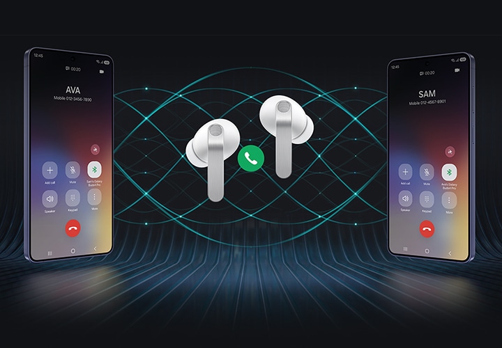 2대의 갤럭시 스마트폰이 양쪽에 놓여 있고 가운데에 화이트 컬러의 갤럭시 버즈4 프로 한 쌍이 있습니다. 이어버드 사이에는 통화 아이콘이 있습니다. 왼쪽 스마트폰은 Ava라는 이름이 있는 통화 화면, 오른쪽 스마트폰은 Sam이라는 이름이 있는 통화 화면을 표시하고 있습니다. 배경에는 갤럭시 버즈4 프로의 슈퍼 클리어 콜 기능을 강조하는 여러 개의 물결 무늬가 있습니다.