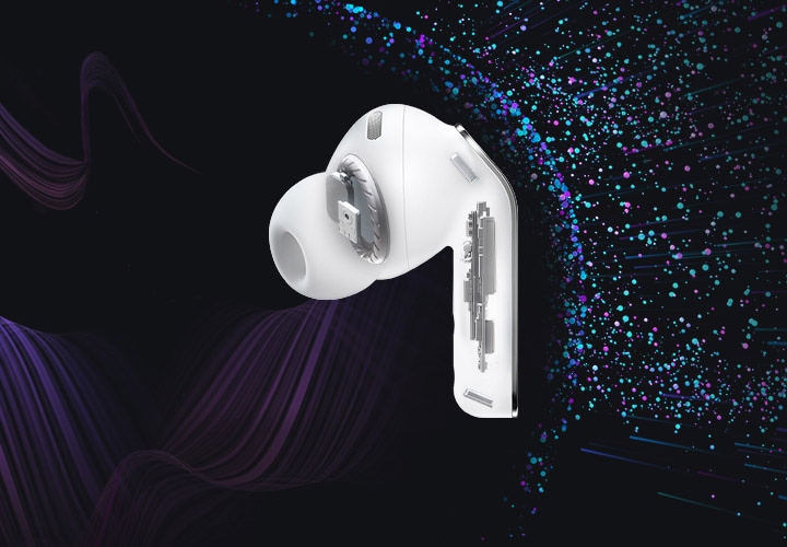 골격 구조로 표현된 갤럭시 버즈4 프로 이어버드 한 개의 모습으로, 내부의 오디오 시스템이 나타나 있습니다. 오른쪽에는 이어버드와 완전히 분리된 여러 개의 점이 있는데, 이는 액티브 노이즈 캔슬링(ANC) 기능을 표현합니다.