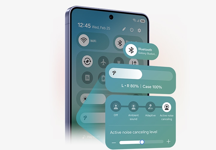 갤럭시 스마트폰의 퀵 패널이 열려 있고, 새로운 One UI 8.5를 강조하고 있습니다. 블루투스, 볼륨, 노이즈 캔슬링 기능이 강조 표시되어 있습니다.