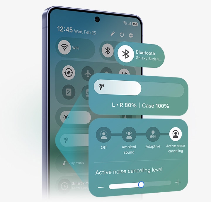 갤럭시 스마트폰의 퀵 패널이 열려 있고, 새로운 One UI 8.5를 강조하고 있습니다. 블루투스, 볼륨, 노이즈 캔슬링 기능이 강조 표시되어 있습니다.