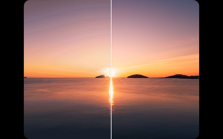 프로스케일러 효과는 적용 전후 비교를 통해 확인할 수 있습니다. 향상된 mDNle 기술 덕분에 색상 표현력 또한 더 향상되었습니다.