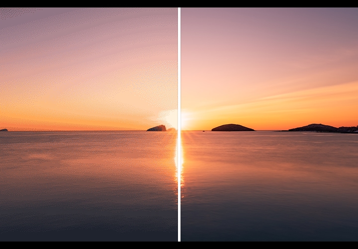 프로스케일러 효과는 적용 전후 비교를 통해 확인할 수 있습니다. 향상된 mDNle 기술 덕분에 색상 표현력 또한 더 향상되었습니다.