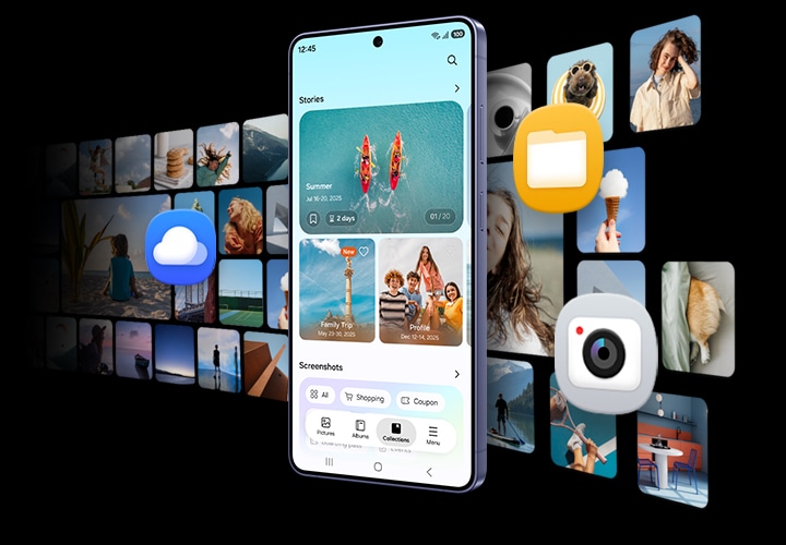 갤럭시 S26 울트라가 메인 화면을 나타내고 있습니다. 갤러리 앱이 열리고 저장된 사진이 나타납니다. 다른 앱들도 나타나 있는데 기기에 다양한 종류의 콘텐츠를 저장할 수 있는 것을 표현하고 있습니다.