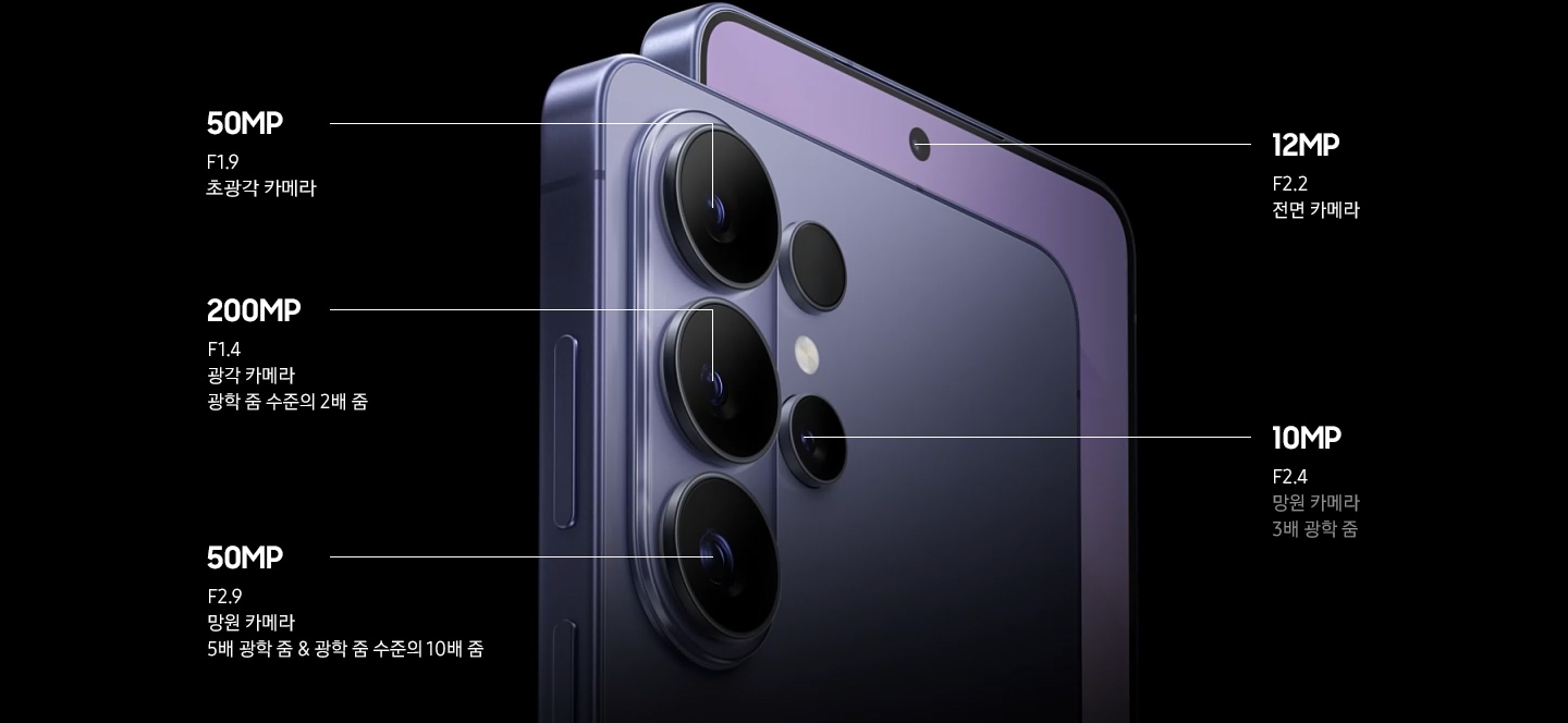 갤럭시 S26 울트라의 카메라 렌즈 부품들이 모이고 기기 후면의 전체 카메라 시스템이 드러납니다. 그 뒤로 또 다른 기기가 나타나 메인 화면을 나타내고 있습니다.