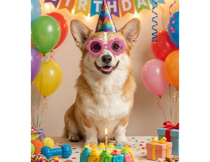 강아지 사진이 있습니다. 포토 어시스트에서 사용자가 텍스트 프롬프트를 입력해 변경할 내용을 설명합니다. '강아지의 생일 파티처럼 만들어줘'라고 입력하고 생성 버튼을 누릅니다. Galaxy AI가 강아지 주변과 위쪽에 다양한 생일 테마의 액세서리가 추가하며 사진을 변환합니다. 
