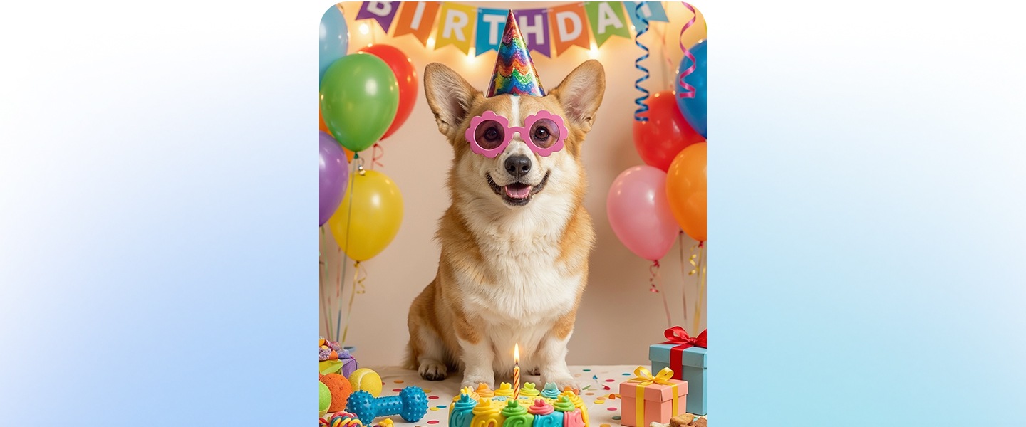 강아지 사진이 있습니다. 포토 어시스트에서 사용자가 텍스트 프롬프트를 입력해 변경할 내용을 설명합니다. '강아지의 생일 파티처럼 만들어줘'라고 입력하고 생성 버튼을 누릅니다. Galaxy AI가 강아지 주변과 위쪽에 다양한 생일 테마의 액세서리가 추가하며 사진을 변환합니다. 