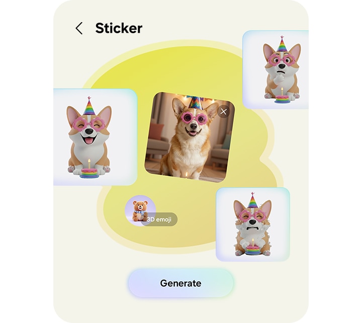 크리에이티브 스튜디오에서 선글라스를 착용하고 있는 강아지 사진을 이용해 다양한 감정이 담긴 스티커 팩을 만든 모습입니다.