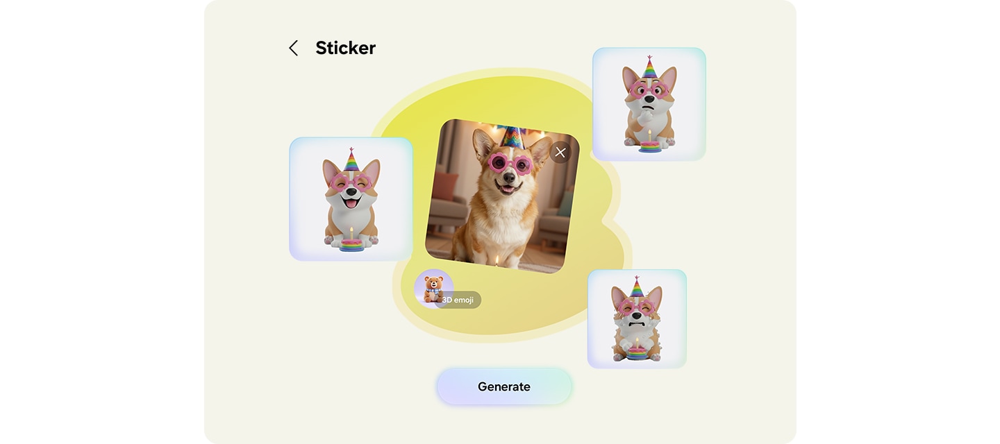 크리에이티브 스튜디오에서 선글라스를 착용하고 있는 강아지 사진을 이용해 다양한 감정이 담긴 스티커 팩을 만든 모습입니다.