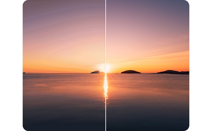 프로스케일러 효과는 적용 전후 비교를 통해 확인할 수 있습니다. 향상된 mDNle 기술 덕분에 색상 표현력 또한 더 향상되었습니다.