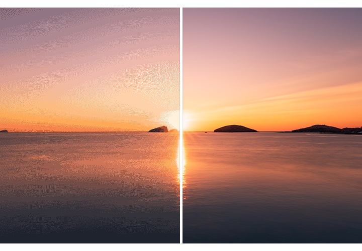 프로스케일러 효과는 적용 전후 비교를 통해 확인할 수 있습니다. 향상된 mDNle 기술 덕분에 색상 표현력 또한 더 향상되었습니다.