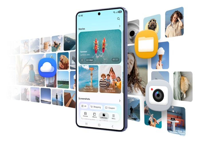 메인 디스플레이를 드러낸 갤럭시 S26+가 있습니다. 갤러리 앱이 실행되어 저장된 사진들이 드러나 있습니다. 다른 앱들이 다양한 유형의 콘텐츠를 기기에 저장할 수 있음을 알려줍니다.