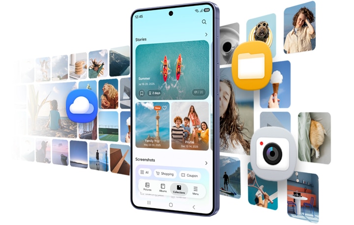 메인 디스플레이를 드러낸 갤럭시 S26+가 있습니다. 갤러리 앱이 실행되어 저장된 사진들이 드러나 있습니다. 다른 앱들이 다양한 유형의 콘텐츠를 기기에 저장할 수 있음을 알려줍니다.