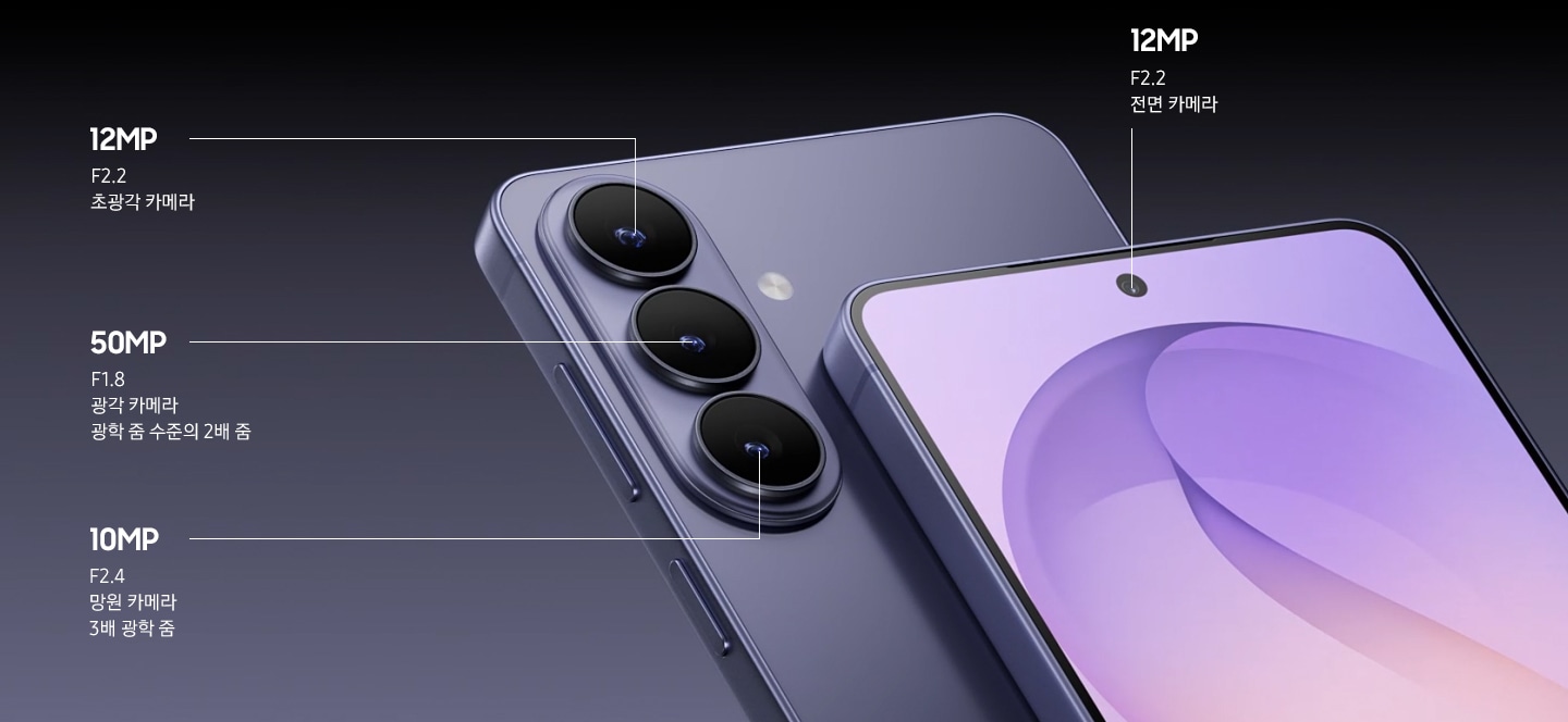 갤럭시 S26+ 후면 카메라의 클로즈업입니다. 각 렌즈가 팝업되면 다른 기기가 슬라이드되어 나타나며 메인 디스플레이를 드러냅니다.