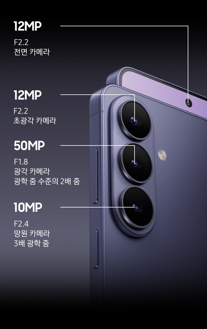 갤럭시 S26+ 후면 카메라의 클로즈업입니다. 각 렌즈가 팝업되면 다른 기기가 슬라이드되어 나타나며 메인 디스플레이를 드러냅니다.