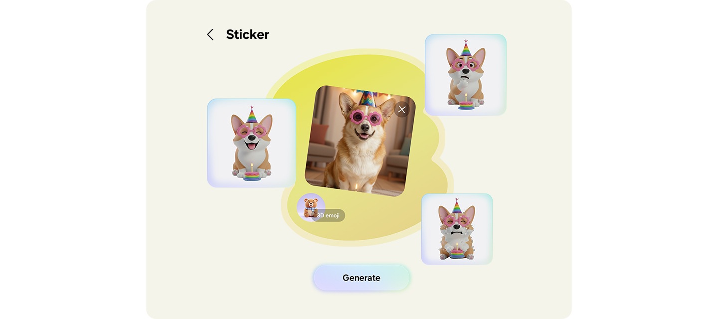 크리에이티브 스튜디오에서 선글라스를 착용하고 있는 강아지 사진을 이용해 다양한 감정이 담긴 스티커 팩을 만든 모습입니다.