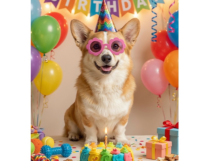 강아지 사진이 있습니다. 포토 어시스트에서 사용자가 텍스트 프롬프트를 입력해 변경할 내용을 설명합니다. '강아지의 생일 파티처럼 만들어줘'라고 입력하고 생성 버튼을 누릅니다. Galaxy AI가 강아지 주변과 위쪽에 다양한 생일 테마의 액세서리가 추가하며 사진을 변환합니다. 