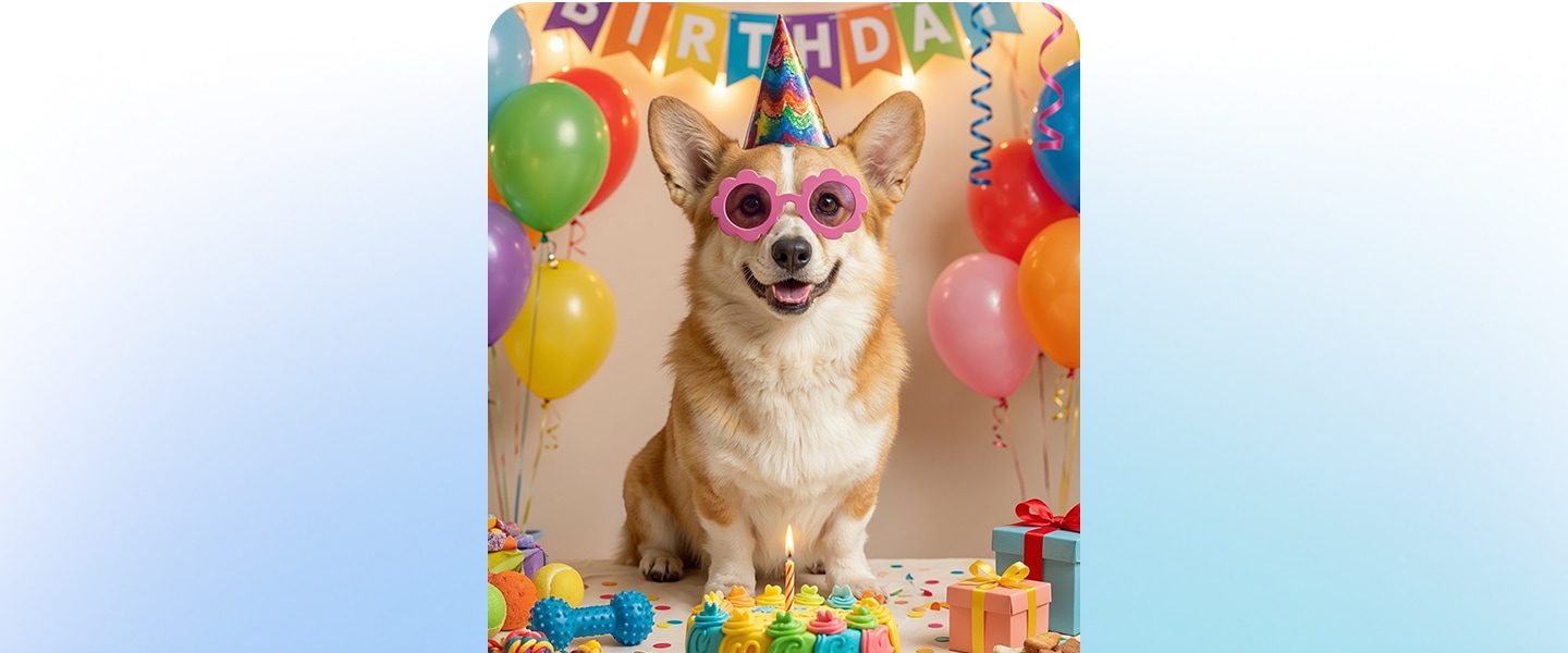강아지 사진이 있습니다. 포토 어시스트에서 사용자가 텍스트 프롬프트를 입력해 변경할 내용을 설명합니다. '강아지의 생일 파티처럼 만들어줘'라고 입력하고 생성 버튼을 누릅니다. Galaxy AI가 강아지 주변과 위쪽에 다양한 생일 테마의 액세서리가 추가하며 사진을 변환합니다. 