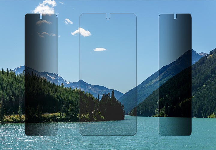 산과 강을 배경한 사생활 보호 필름이 있습니다. 좌측, 우측에 있는 필름은 살짝 기울어져 사생활 보호 기능을 하고 있으며, 가운데 필름은 투명한 필름으로 나타나 있습니다.