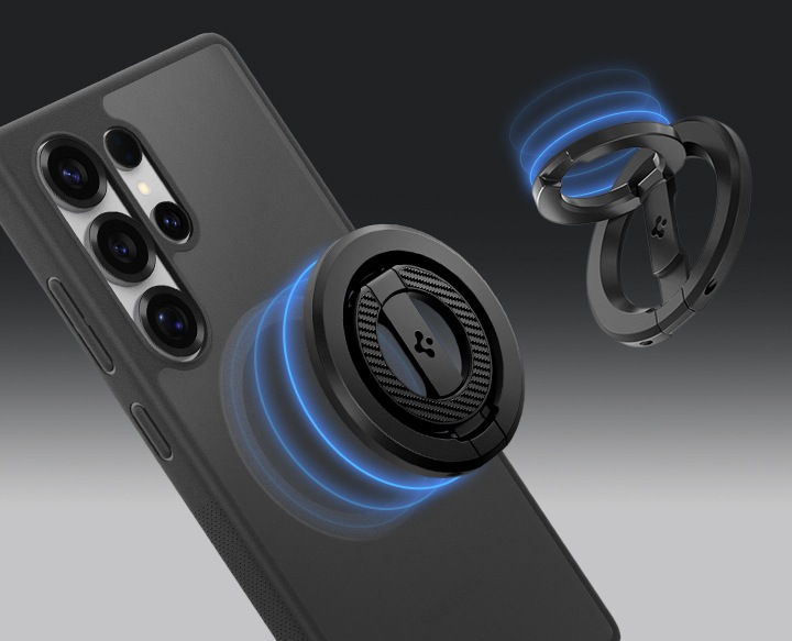 기기와 근접해 있는 듀얼 마그넷 링홀더가 있습니다. 기기와 제품 사이에 파란색 원이 듀얼 마그넷 링홀더의 자력을 나타내고 있습니다. 우측 상단에는 링홀더를 펼친 이미지가 있습니다.