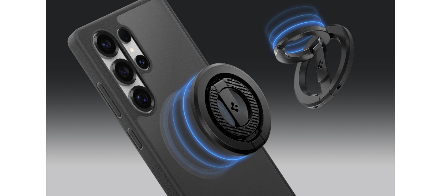 기기와 근접해 있는 듀얼 마그넷 링홀더가 있습니다. 기기와 제품 사이에 파란색 원이 듀얼 마그넷 링홀더의 자력을 나타내고 있습니다. 우측 상단에는 링홀더를 펼친 이미지가 있습니다.