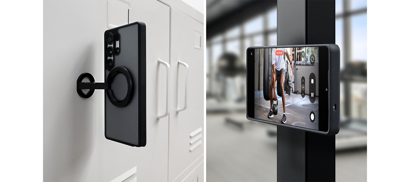 이미지 두 개가 있습니다. 좌측 이미지는 듀얼 마그넷 링홀더를 완전히 펼처 캐비닛에 붙인 이미지이고, 우측 이미지는 운동 기구의 철제 기둥에 듀얼 마그넷 링홀더를 이용해 스마트폰을 붙인 이미지입니다.