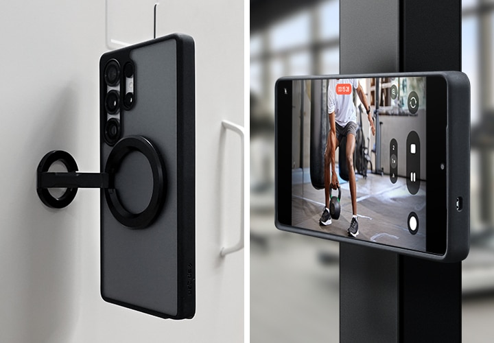 이미지 두 개가 있습니다. 좌측 이미지는 듀얼 마그넷 링홀더를 완전히 펼처 캐비닛에 붙인 이미지이고, 우측 이미지는 운동 기구의 철제 기둥에 듀얼 마그넷 링홀더를 이용해 스마트폰을 붙인 이미지입니다.