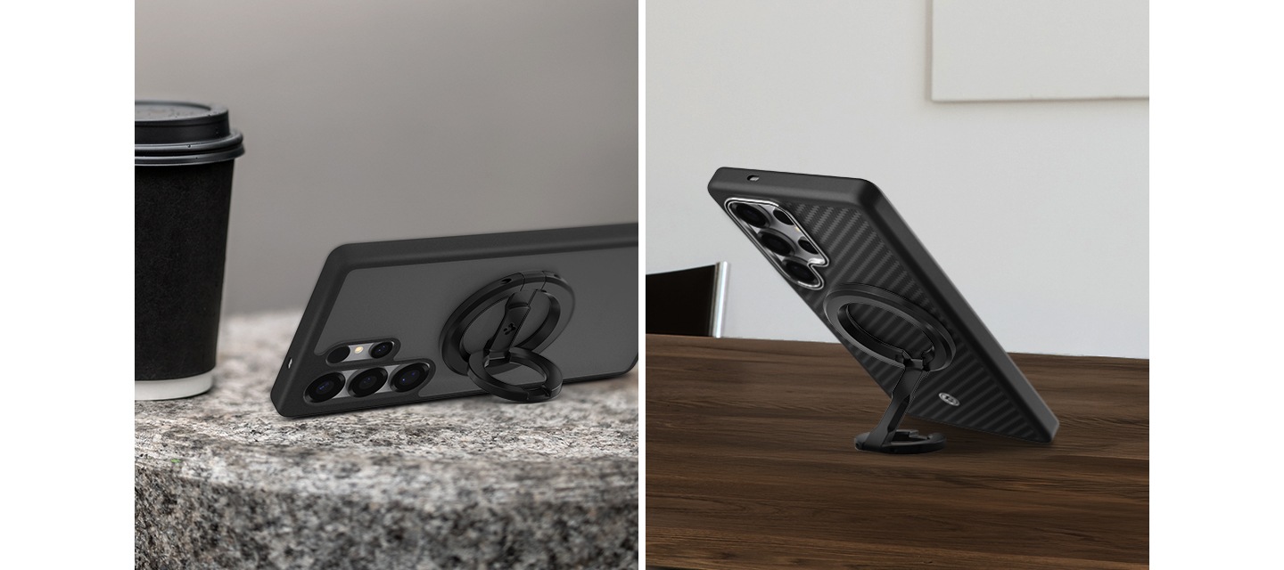 이미지 두 개가 있습니다. 좌측 이미지의 외쪽 끝에는 검은색 종이컵이 보이며 기기를 듀얼 마그넷 링홀더의 링 부분만 펼쳐 스탠드로 사용하는 이미지 입니다. 우측 이미지는 목재 테이블 위에서 듀얼 마그넷 링홀더를 완전히 펼쳐 세로모드 스탠드로 사용하고 있는 이미지입니다.