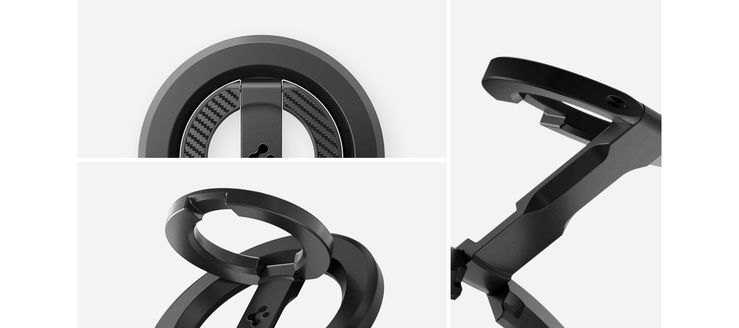 이미지 세 개가 있습니다. 좌측 상단 이미지는 제품 정면 상단 이미지이며, 좌측 하단 이미지는 링홀더의 링 부분만 펼쳐 링 부분을 확대한 이미지 입니다. 우측 이미지는 링홀더를 완전히 펼쳐 스탠드 부분을 확대한 이미지입니다.