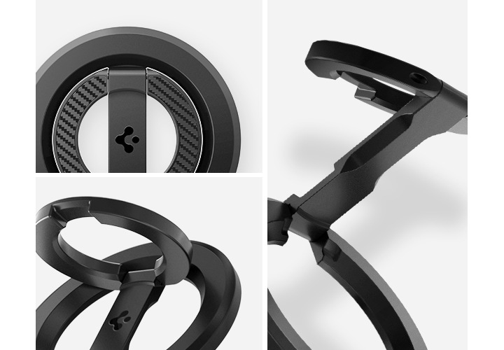 이미지 세 개가 있습니다. 좌측 상단 이미지는 제품 정면 상단 이미지이며, 좌측 하단 이미지는 링홀더의 링 부분만 펼쳐 링 부분을 확대한 이미지 입니다. 우측 이미지는 링홀더를 완전히 펼쳐 스탠드 부분을 확대한 이미지입니다.