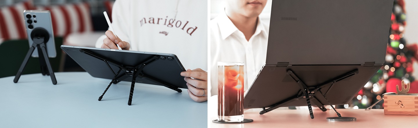 이미지 두 개가 있습니다. 좌측 이미지는 테이블 위에서 스마트폰과 태블릿을 멀티 마그넷 스탠드로 세워 사용하고 있는 이미지 입니다. 우측 이미지는 트리를 배경으로 하고 테이블 위에 커피와 목재 수납함이 있으며, 갤럭시 북을 멀티 마그넷 스탠드를 이용해 사용하고 있는 이미지 입니다.