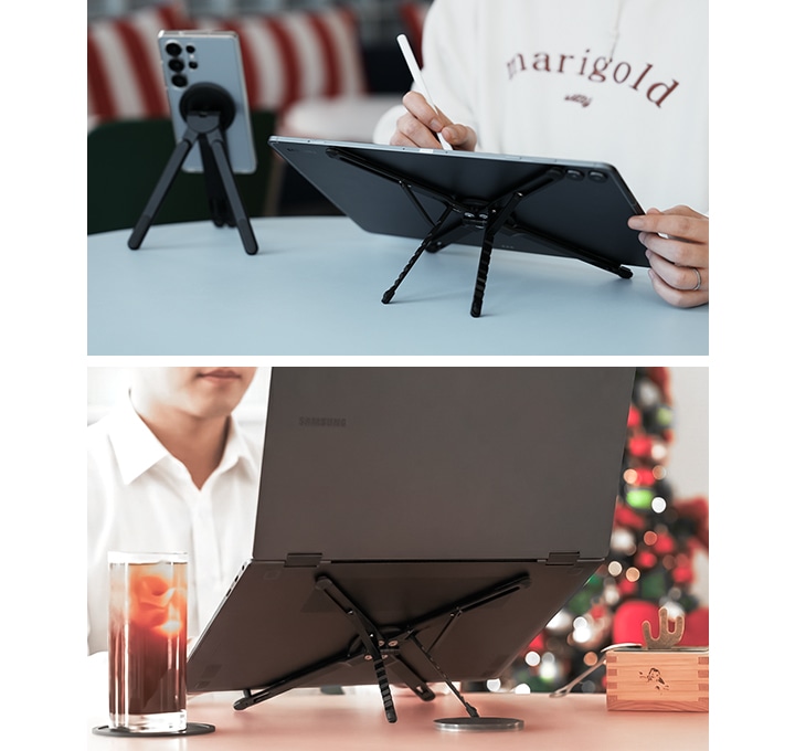 이미지 두 개가 있습니다. 좌측 이미지는 테이블 위에서 스마트폰과 태블릿을 멀티 마그넷 스탠드로 세워 사용하고 있는 이미지 입니다. 우측 이미지는 트리를 배경으로 하고 테이블 위에 커피와 목재 수납함이 있으며, 갤럭시 북을 멀티 마그넷 스탠드를 이용해 사용하고 있는 이미지 입니다.