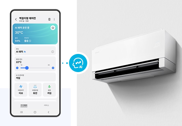 좌측의 벽걸이 에어컨 AI 쾌적 운정중 ui 화면이 있음 우측엔 작동중인 벽걸이 에어컨이 있음 두 이미지 가운데 머리 모양의 AI 가 써져있는 아이콘이 있음