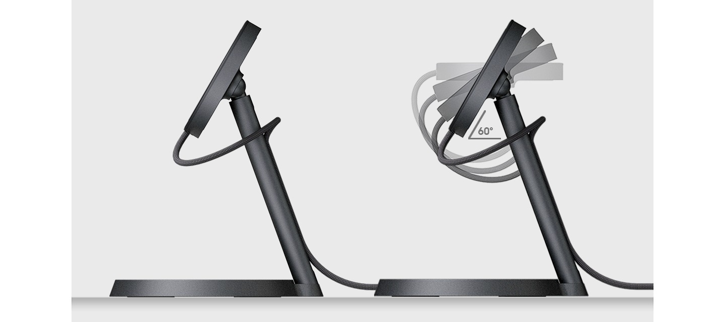 마그넷 무선 충전기 (25W)와 결합된 마그넷 무선 충전기 (25W) 거치대가 두 개 있습니다. 두 제품 모두 우측 측면 모습이며, 우측에 있는 제품은 거치대의 각도가 60도 이며 각도 조절이 가능하다는 모션을 나타내고 있습니다.