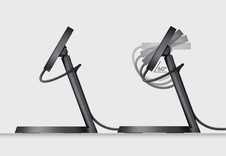 마그넷 무선 충전기 (25W)와 결합된 마그넷 무선 충전기 (25W) 거치대가 두 개 있습니다. 두 제품 모두 우측 측면 모습이며, 우측에 있는 제품은 거치대의 각도가 60도 이며 각도 조절이 가능하다는 모션을 나타내고 있습니다.