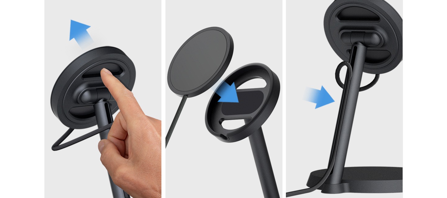 이미지가 세 개 있씁니다. 좌측 이미지는 손가락이 거치대의 후면 홀에 가까이 하고 있으며 화살표가 바깥쪽을 향하며 충전기를 분리할 수 있다는 설명을 하고 있습니다. 두번째 이미지는 파란색 화살표가 거치대의 안쪽 실리콘을 가리키며 충전기가 거치대와 분리되어 있습니다. 세번째 이미지는 거치대 기둥의 후면 홀을 파란색 화살표가 가리키고 있으며 충전기의 선이 끼워져 있습니다.