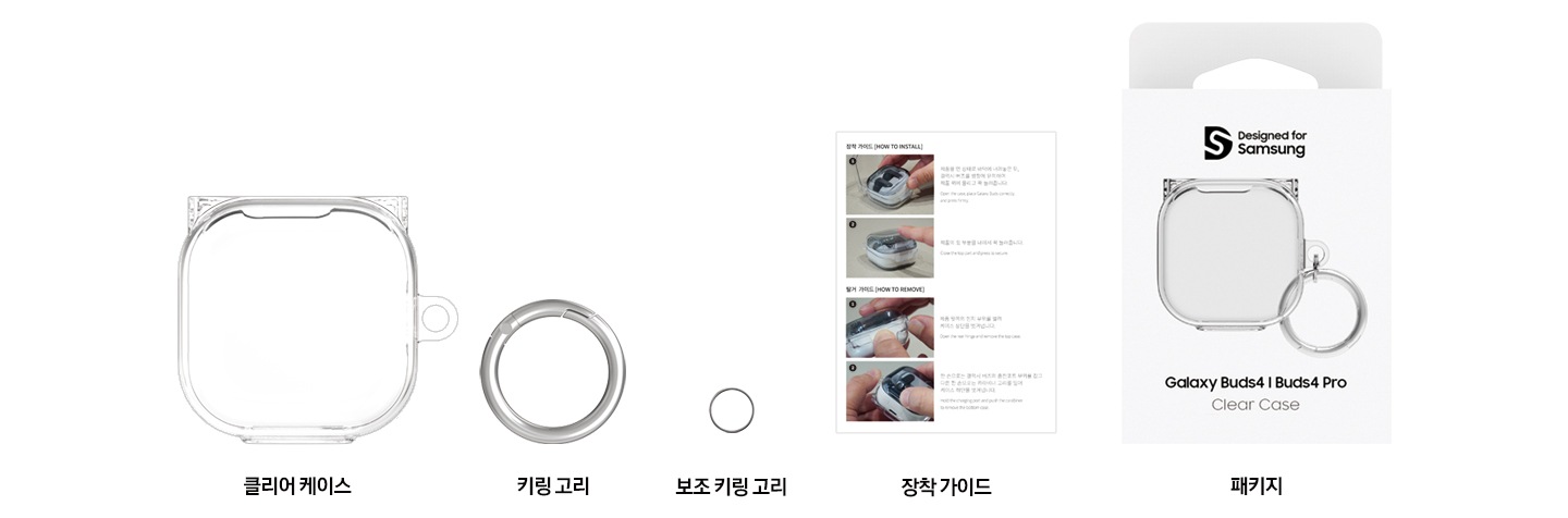 클리어 케이스, 키링 고리, 보조 키링 고리, 장착 가이드, 패키지가 나열되어 있는 구성품 이미지 입니다.