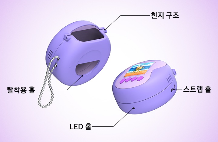 갤럭시 버즈4｜버즈4 프로 케이스 (레트로 포켓 토닥냥) 두 개가 있습니다. 좌측 제품은 뒤를 향하고 있으며 후면 힌지 구조와 하단의 탈착용 홀이 드러나 있습니다. 힌지 구조와 탈착용 홀에 각각에 맞는 텍스트와 선이 이어져 있습니다. 우측 제품은 좌측으로 약간 돌아가 있으며 LED 홀과 스트랩 홀이 드러나 있으며 각각에 맞는 텍스트와 선이 이어져 있습니다.