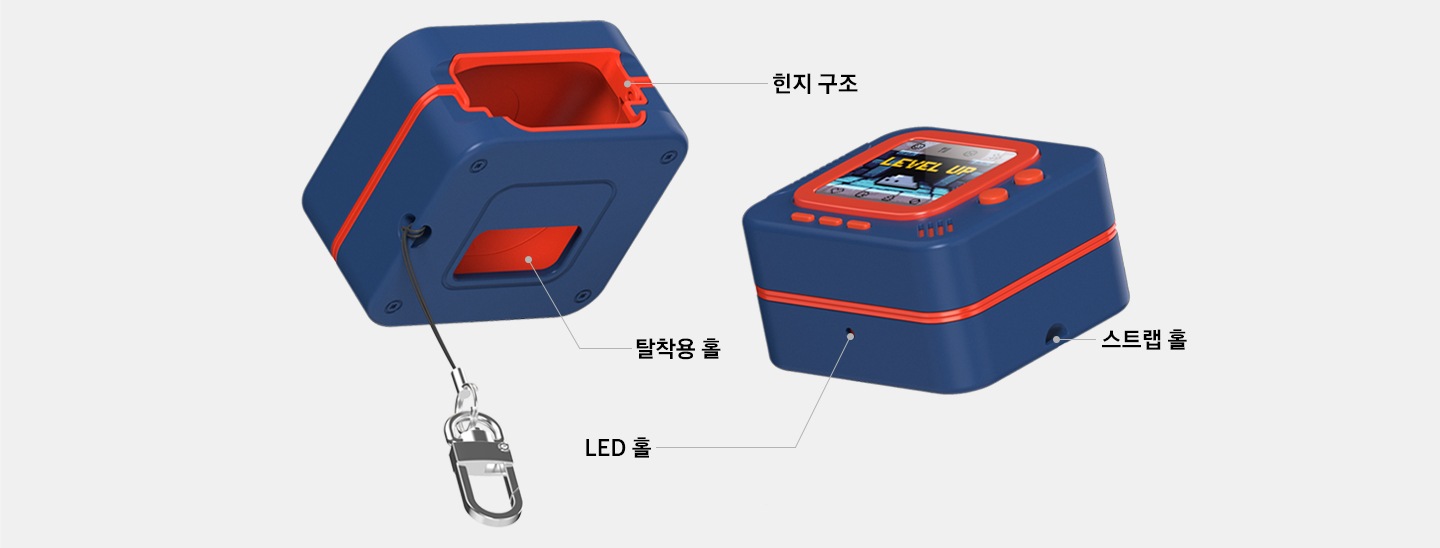 갤럭시 버즈4｜버즈4 프로 케이스 (레트로 픽셀 레벨업) 두 개가 있습니다. 좌측 제품은 뒤쪽 좌하단을 향하고 있으며 후면의 힌지 구조, 하단의 탈착용 홀이 드러나 있습니다. 각각에 맞는 텍스트와 선이 이어져 있습니다. 우측 제품은 앞측의 LED 홀과 우측의 스트랩 홀이 드러나 있으며, 각각에 맞는 텍스트와 선이 이어져 있습니다.