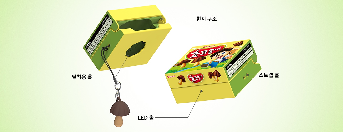 갤럭시 버즈4｜버즈4 프로 케이스 (초코송이) 두 개가 있습니다. 좌측 제품은 초코송이 키링을 달고 있으며 뒤쪽의 좌측 하단을 향하고 있습니다. 후면의 힌지 구조와 하단의 탈착용 홀이 드러나 있으며 각각에 맞는 텍스트와 선이 이어져 있습니다. 우측 제품은 앞면의 LED 홀과 우측의 스트랩 홀이 드러나 있으며 각각에 맞는 텍스트와 선이 이어져 있습니다.