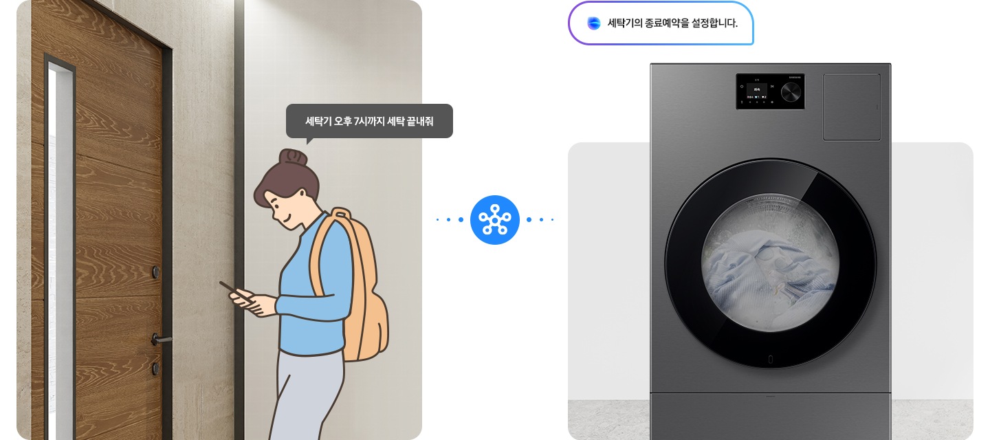 세탁기와 건조기 두 대를 설치할 필요 없이, Bespoke AI 콤보 한 대만 설치하여 공간을 절약할 수 있습니다. 외출/취침 전 AI 콤보에 맡겨놓으면 코스 완료 후 보송한 세탁물을 개기만 하면 되니까 삶의 질이 달라집니다. 문구 하단에는 이미지가 연출되어 있습니다. 일러스트로 그려진 여성이 문 앞에서 휴대폰을 보며 '세탁기 오후 7시까지 세탁 끝내줘' 라고 말하는 연출 이미지 입니다. 스마트싱스 로고가 있고 세탁기에서 '세탁기의 종료예약을 설정합니다.' 라는 음성 안내가 나오는 연출 이미지 입니다.